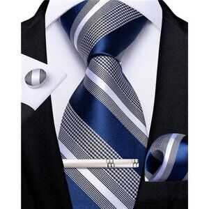 Mens Striped Tie Silk Woven Necktie and Pocket Square Cufflinks Tie Clip Set